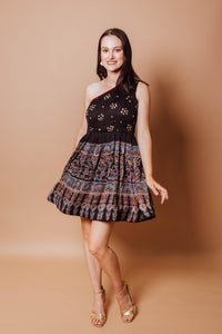 Olivia Black One-Shoulder Dress with Ajrakh print, hand-bandhej, and mirror embroidery.