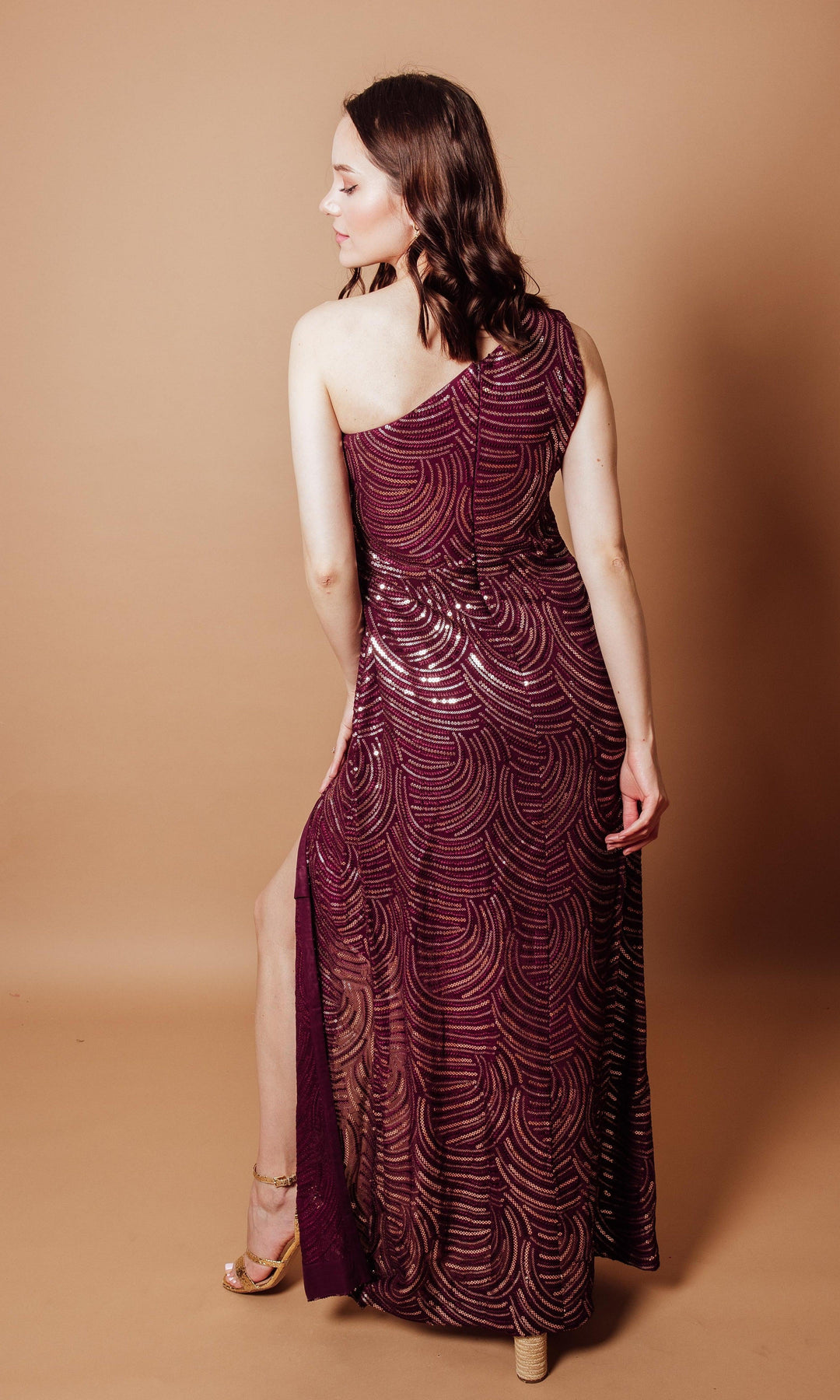 One Shoulder Dress with Slit and Sequins-Raas USA