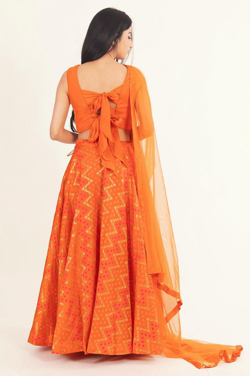 Orange Lehenga with Tie Back Blouse-[comfort-first-design]-[lightweight]-Raas