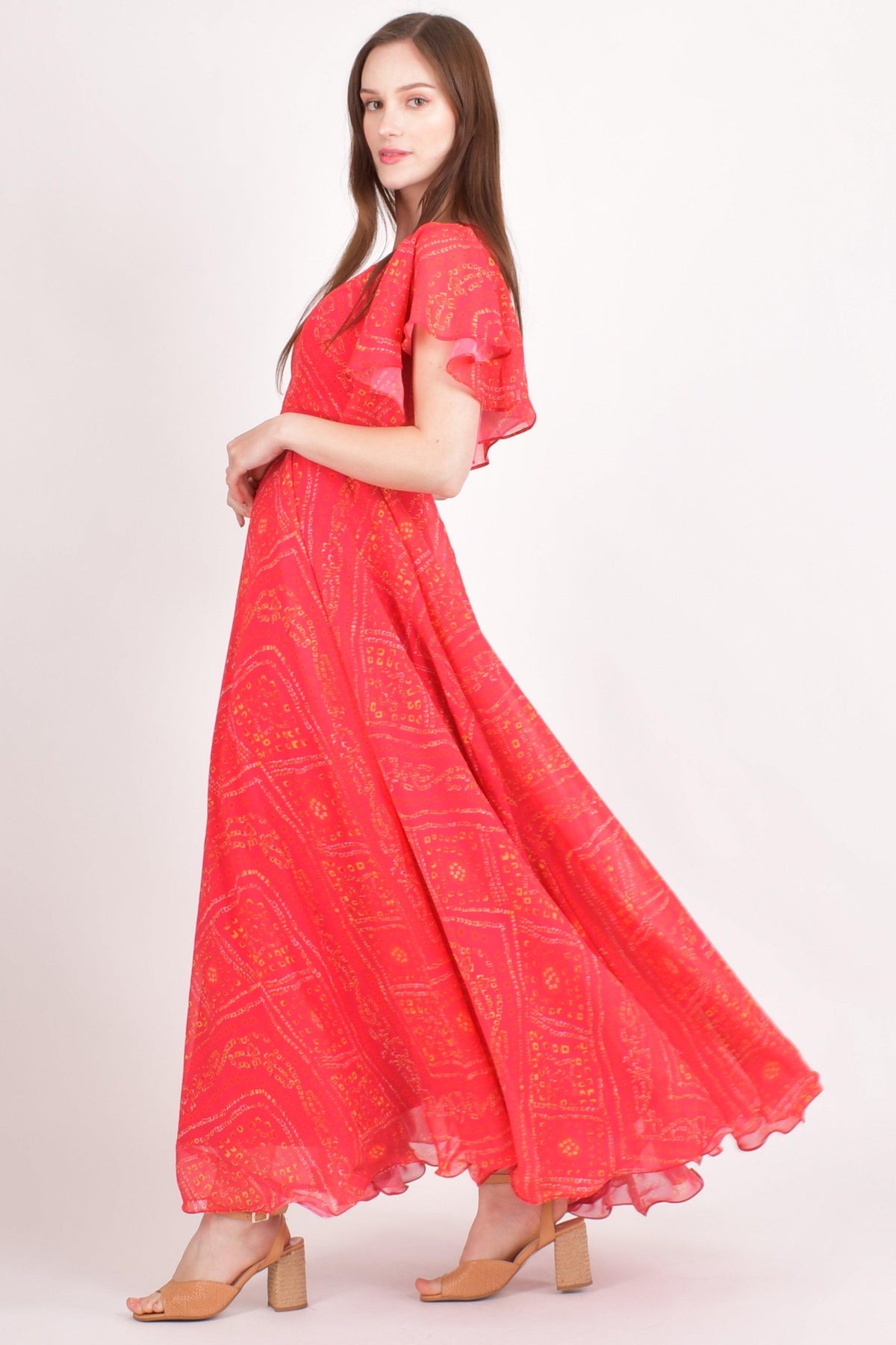 strapless open back dress Orange Summer Maxi Dress: Flowy Georgette Bandhani Gown USA XXL / Red