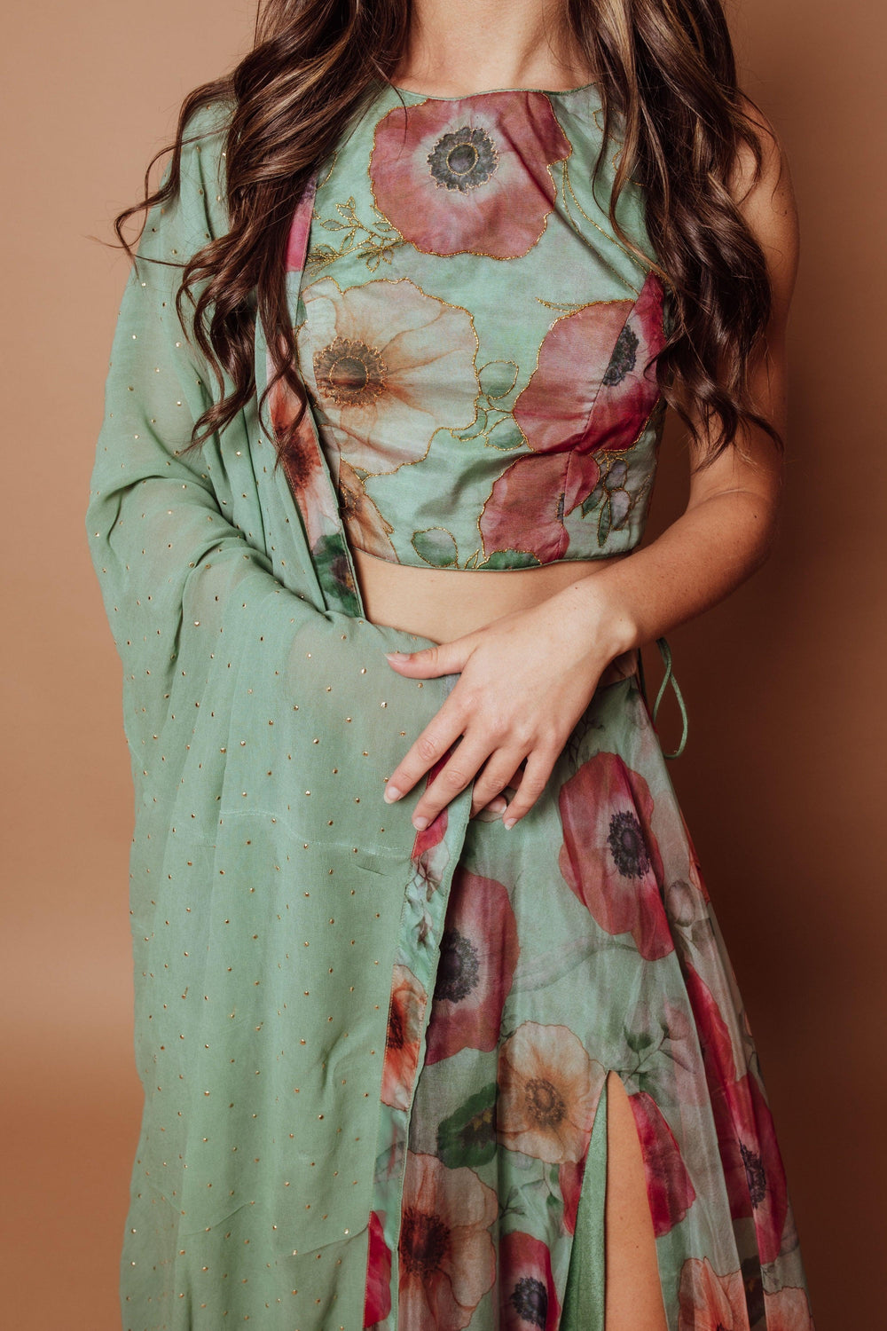 Organza Lehenga with Front Slit and Embroidered Blouse-[mehendi outfit]-Raas