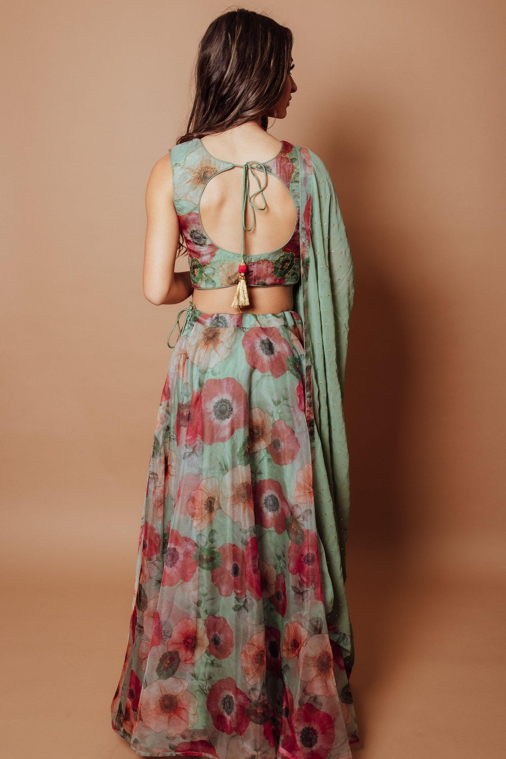 Organza Lehenga with Front Slit and Embroidered Blouse-[mehendi outfit]-Raas