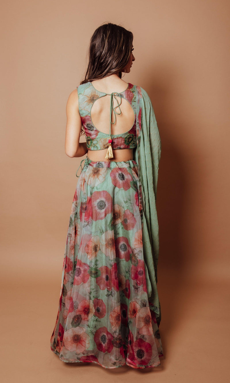 Organza Lehenga with Front Slit and Embroidered Blouse-[mehendi outfit]-Raas