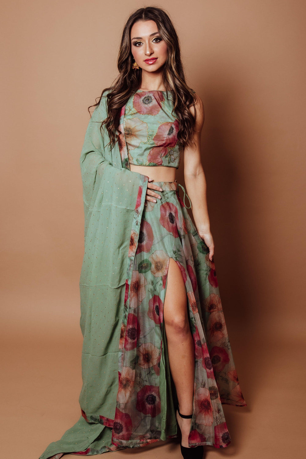 Organza Lehenga with Front Slit and Embroidered Blouse-[mehendi outfit]-Raas