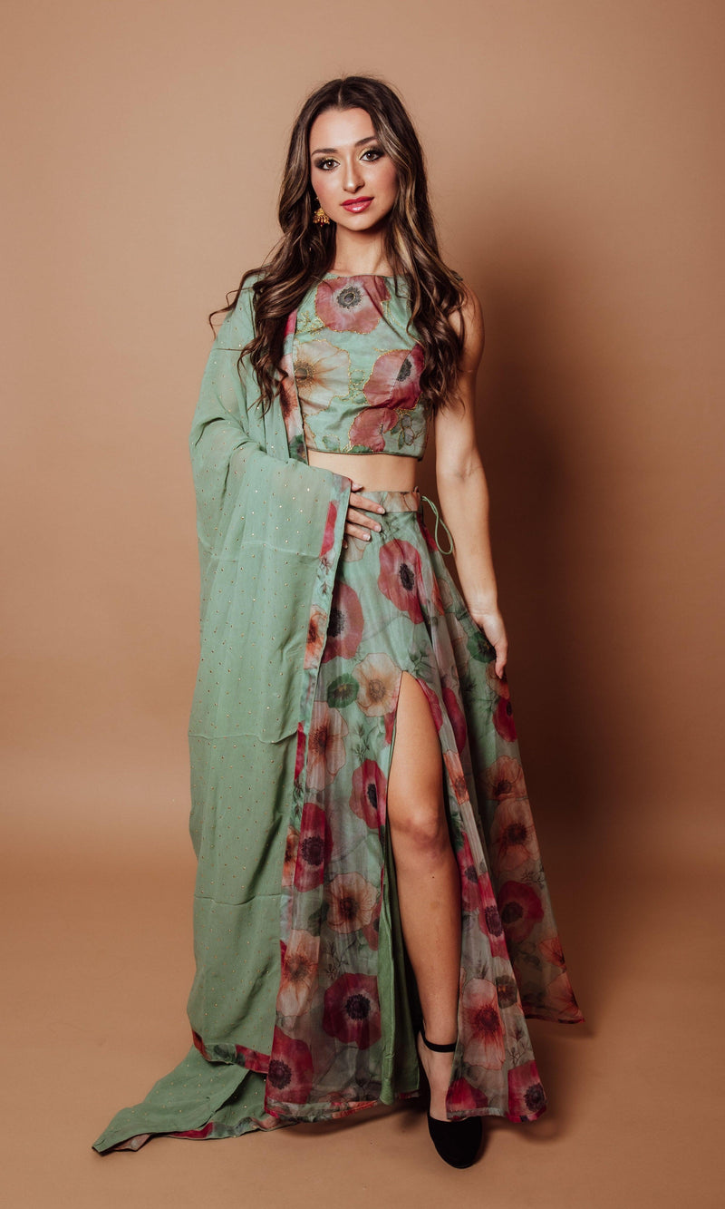 Organza Lehenga with Front Slit and Embroidered Blouse-[mehendi outfit]-Raas