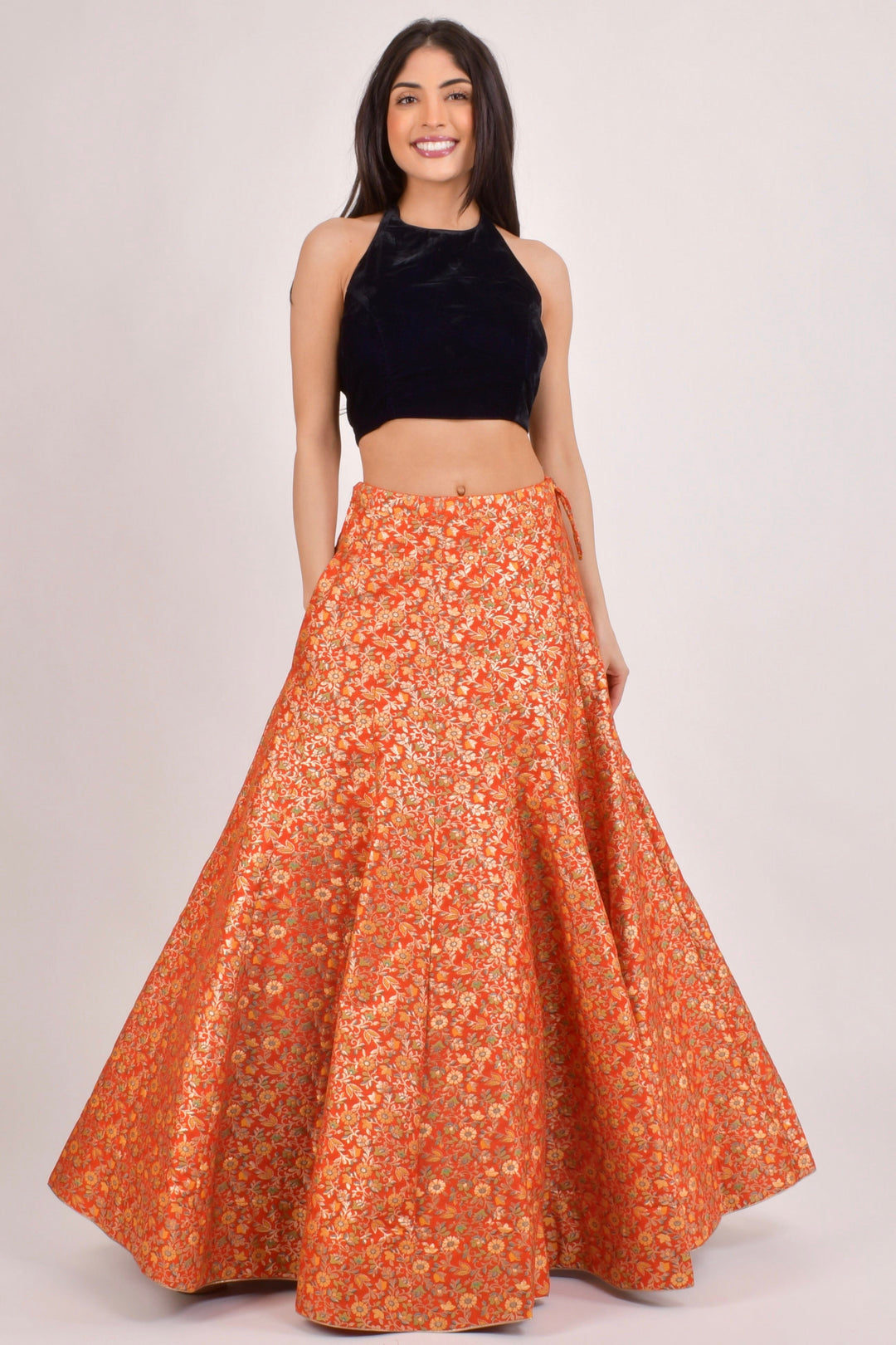 Orla Orange Brocade Lehenga Choli Set-[comfort-first-design]-[lightweight]-Raas