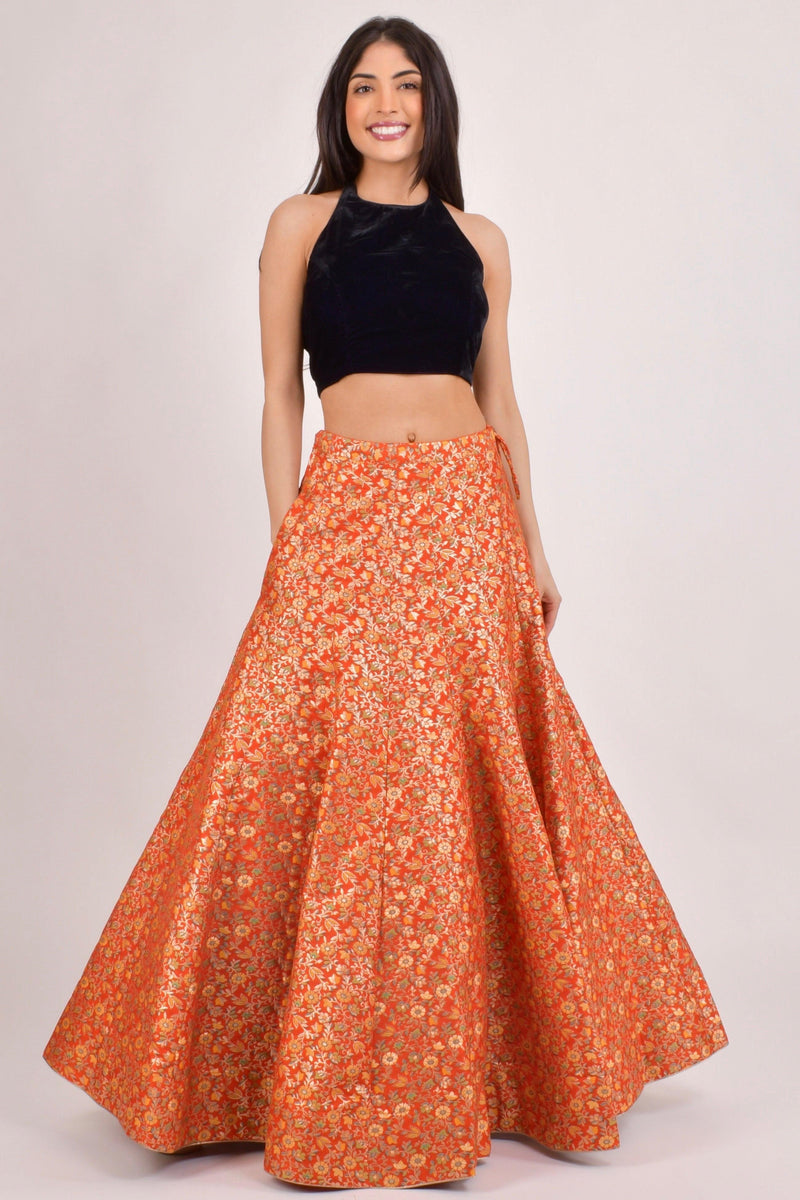 Orla Orange Brocade Lehenga Choli Set-[comfort-first-design]-[lightweight]-Raas