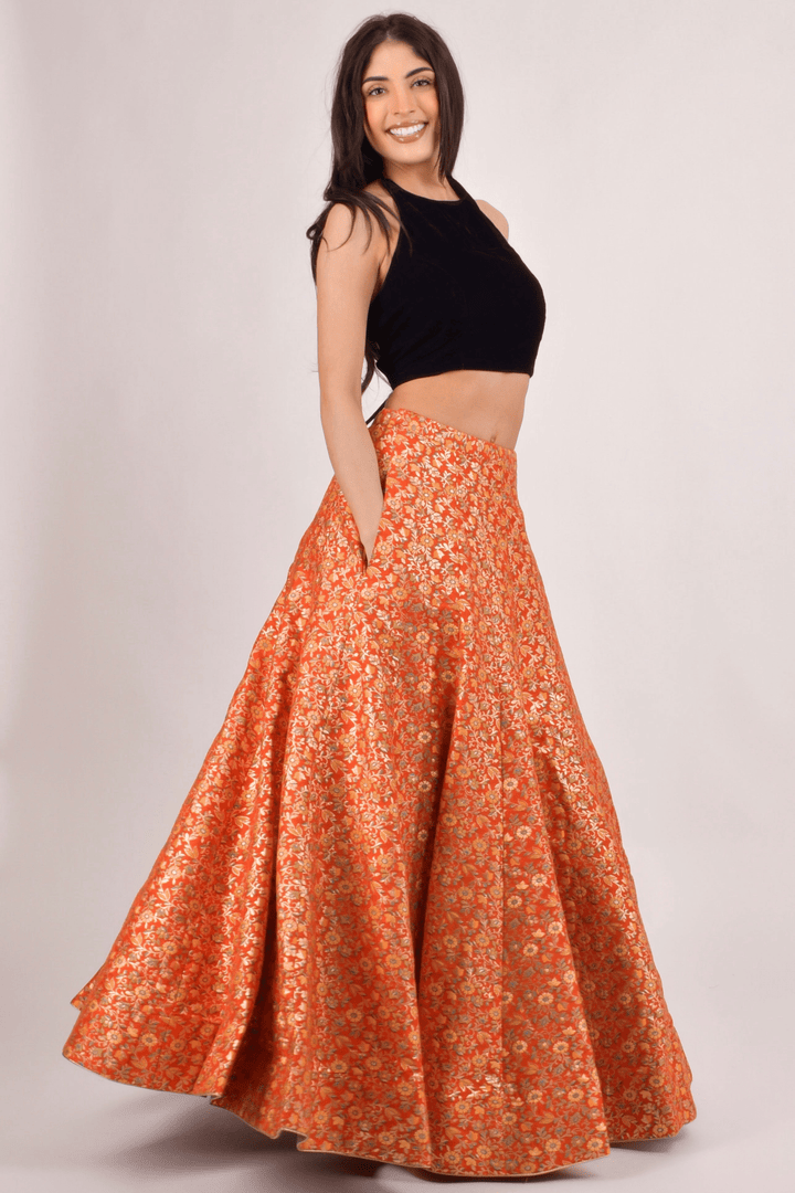 Orla Orange Brocade Lehenga Choli Set-[comfort-first-design]-[lightweight]-Raas