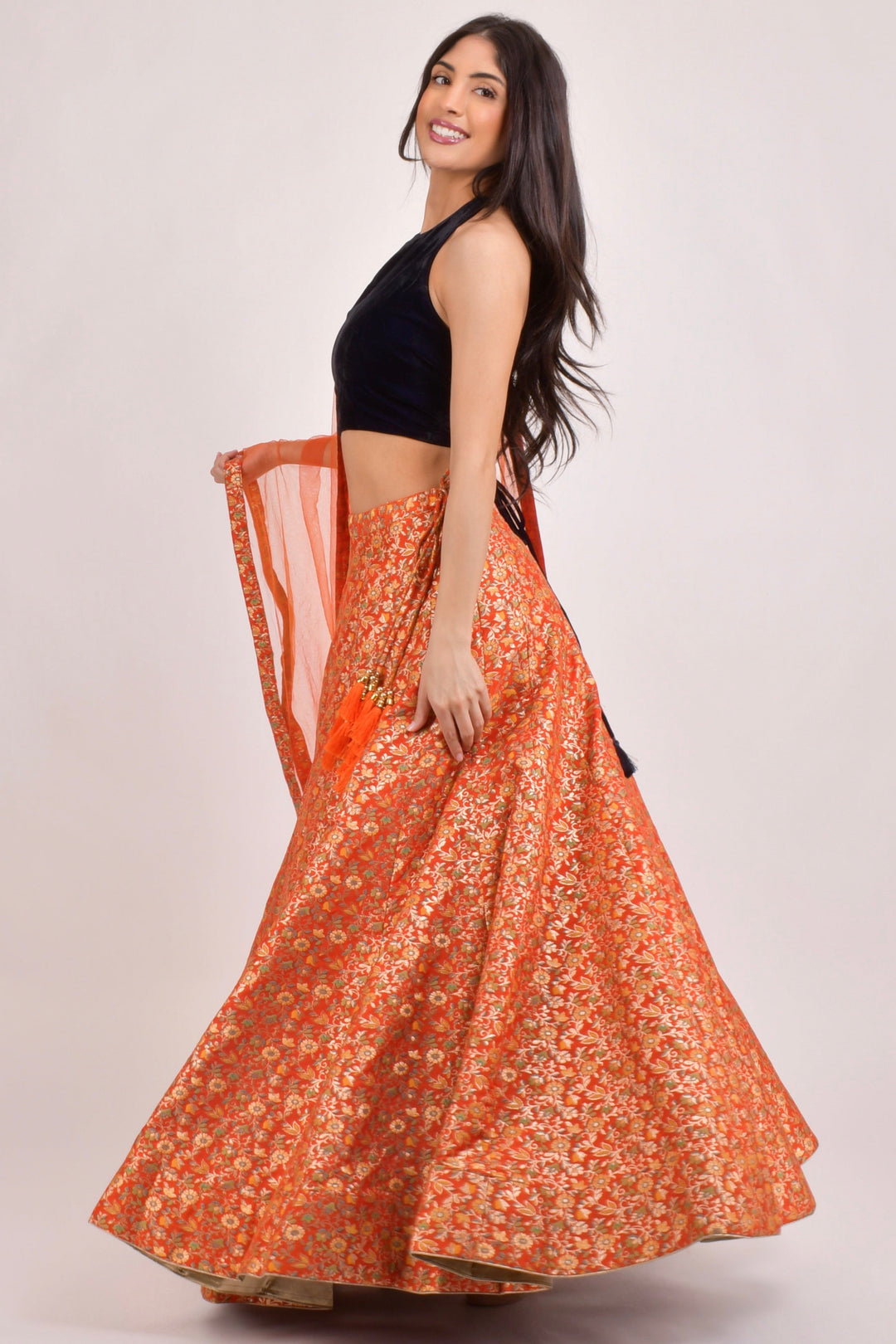 Orla Orange Brocade Lehenga Choli Set-[comfort-first-design]-[lightweight]-Raas