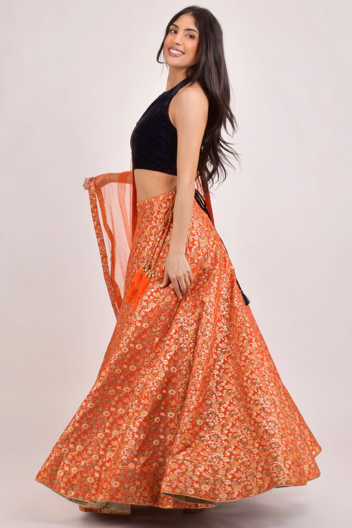 Orla Orange Brocade Lehenga Choli Set-[comfort-first-design]-[lightweight]-Raas
