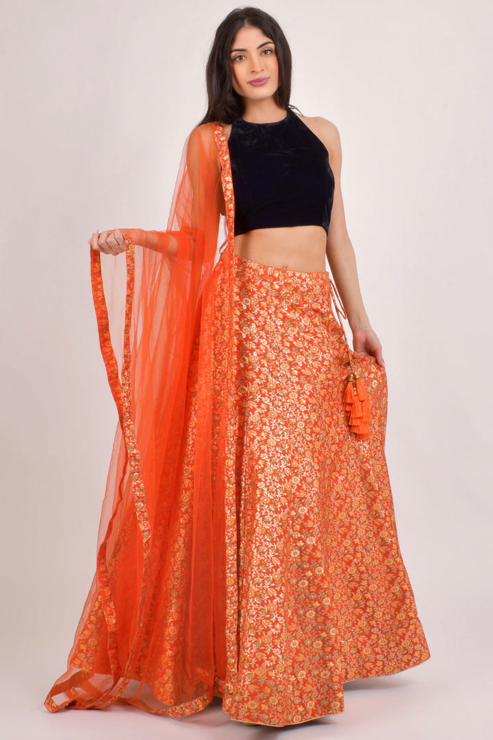 Orla Orange Brocade Lehenga Choli Set-[comfort-first-design]-[lightweight]-Raas