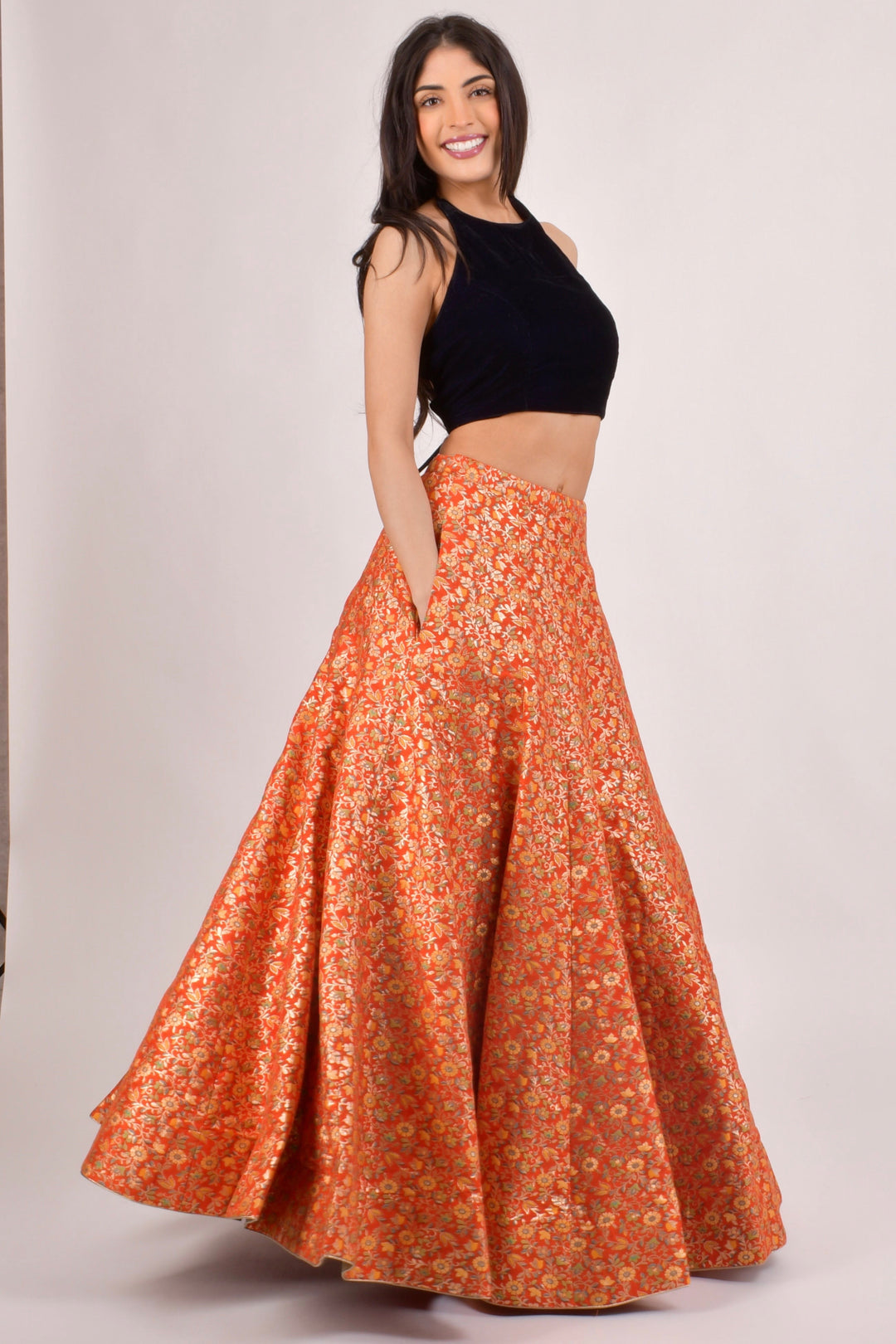 Orla Orange Brocade Lehenga Choli Set