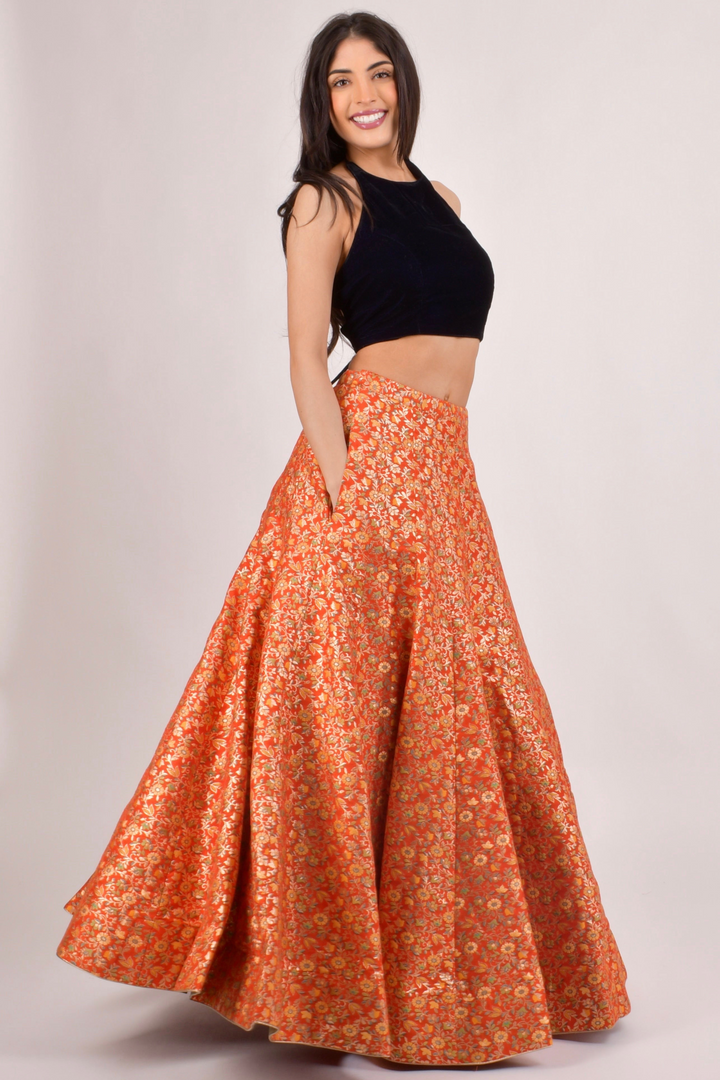 Orla Orange Brocade Lehenga Choli Set