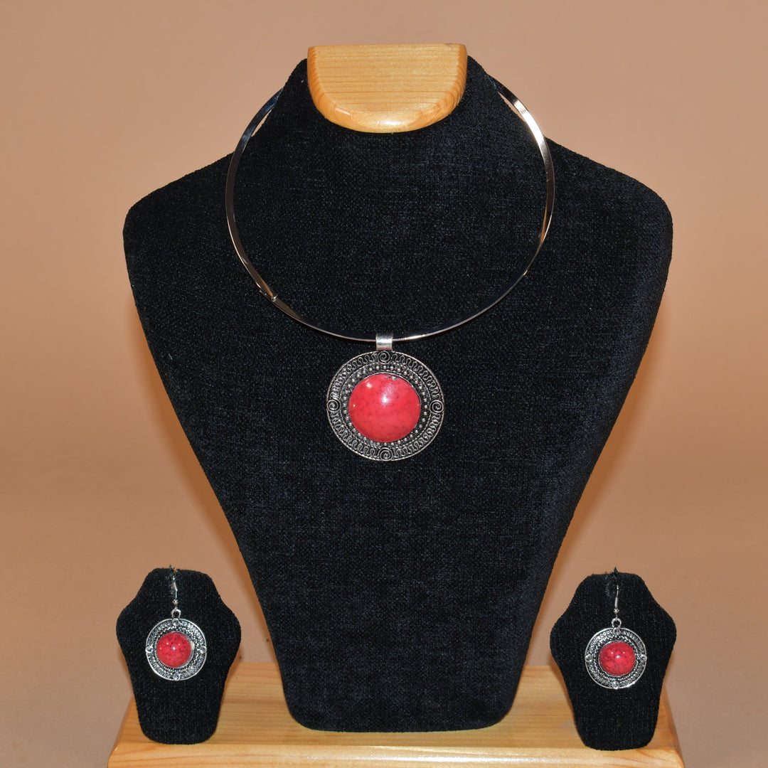 Oxidized Red & Silver Circular Necklace Set