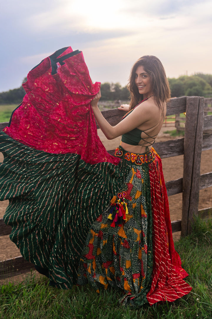 side photo of a model wearing raas padme chaniya choli set and showcasing its full flare