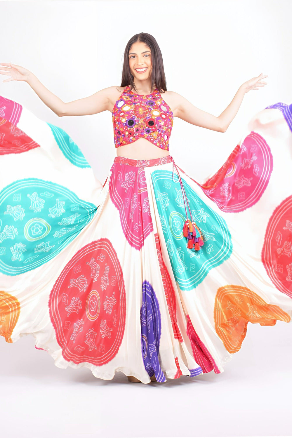Pari Gaji Silk Bandhani Chaniya Choli Dance Pose with Mirror Work Embroidered Blouse | Garba Navratri | Raas