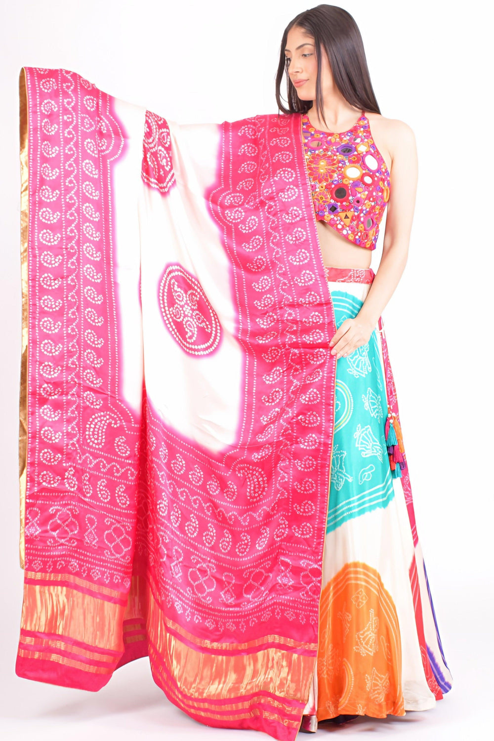 Pari Gaji Silk Bandhani Chaniya Choli with Mirror Work Blouse Holding Dupatta for Display | Raas