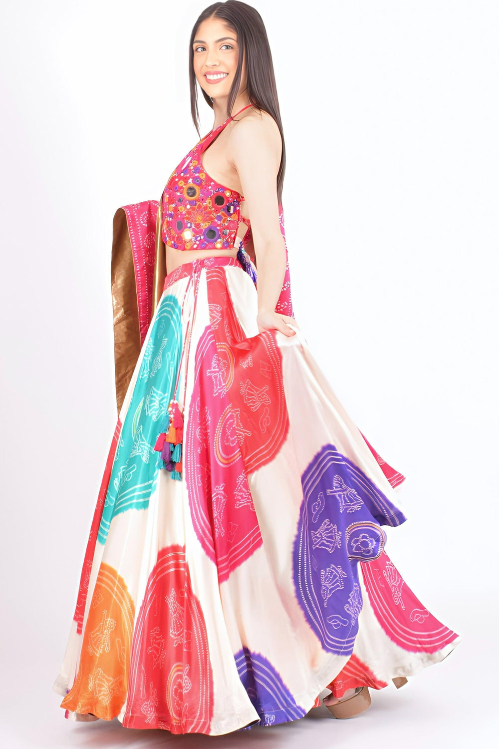 Pari Gaji Silk Bandhani Chaniya Choli Side View with Colorful Bandhani Prints and Mirror Work Blouse | Raas