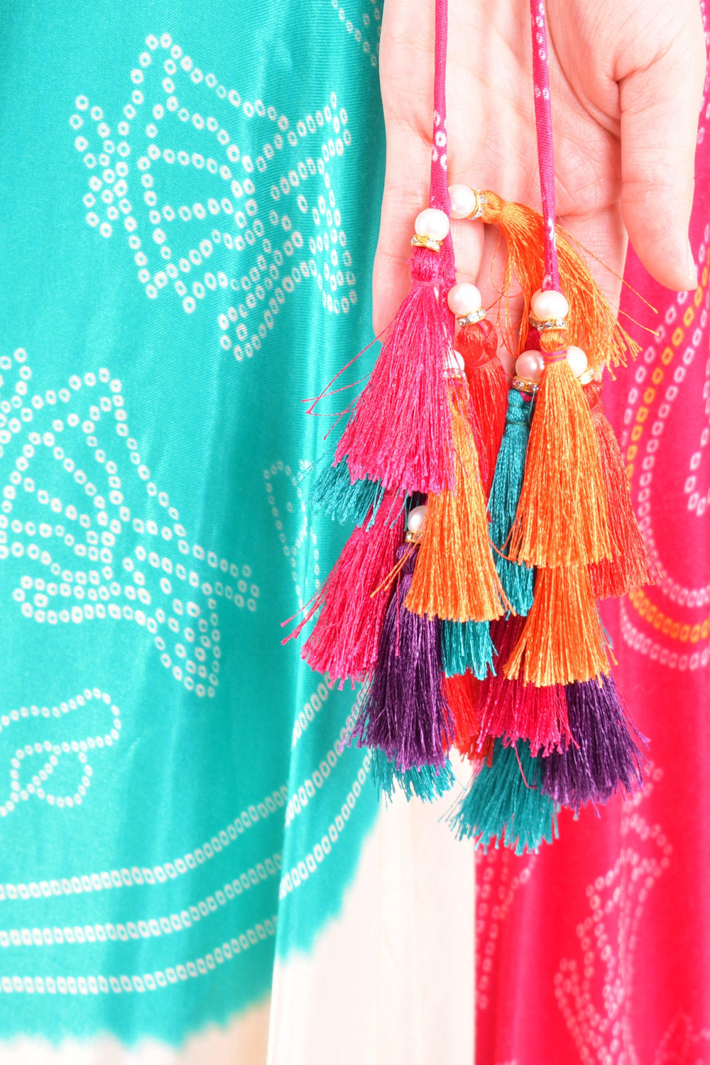 Pari Gaji Silk Bandhani Chaniya Choli Colorful Tassel Detail Close-up | Navratri Garba Accessory | Raas