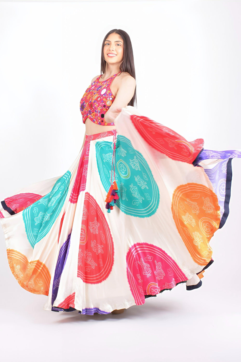 Pari Gaji Silk Bandhani Chaniya Choli Twirl Pose Showing Full Flare with Mirror Work Blouse | Raas