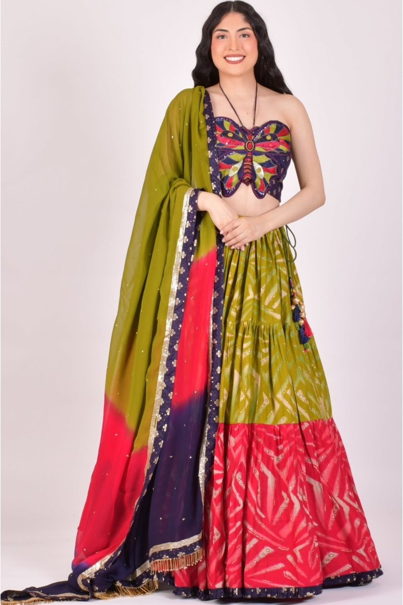 Parrot Green & Fuchsia Tiered Chaniya Choli