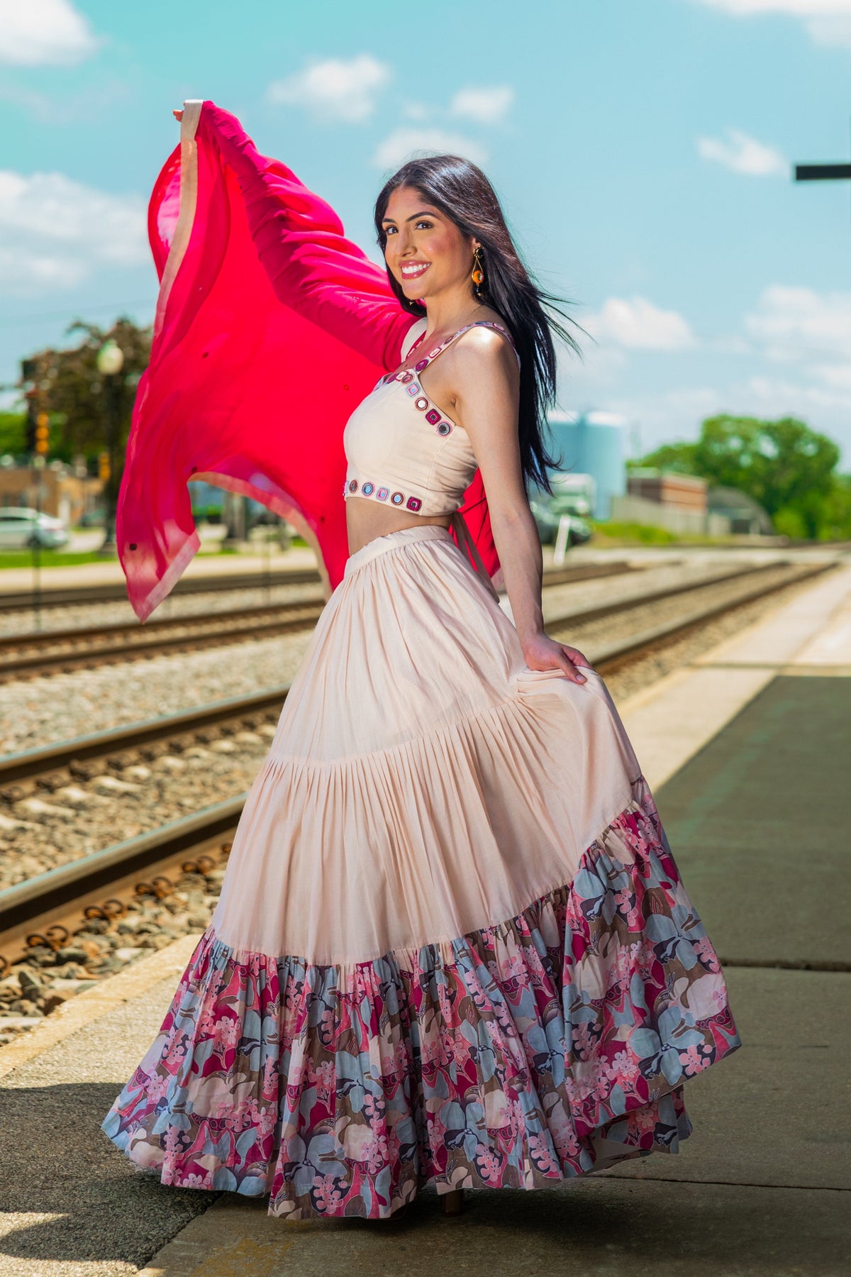 Peach Tiered Chaniya Choli-[mehendi outfit]-Raas