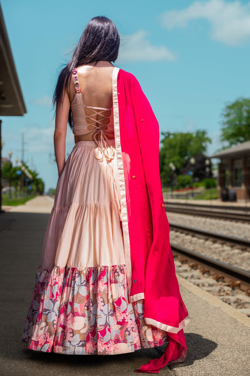 Peach Tiered Chaniya Choli-[mehendi outfit]-Raas