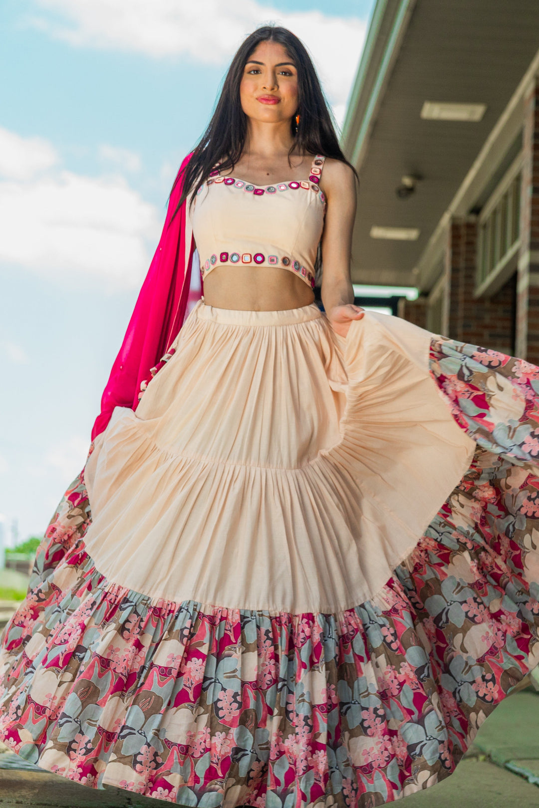 Peach Tiered Chaniya Choli-[mehendi outfit]-Raas