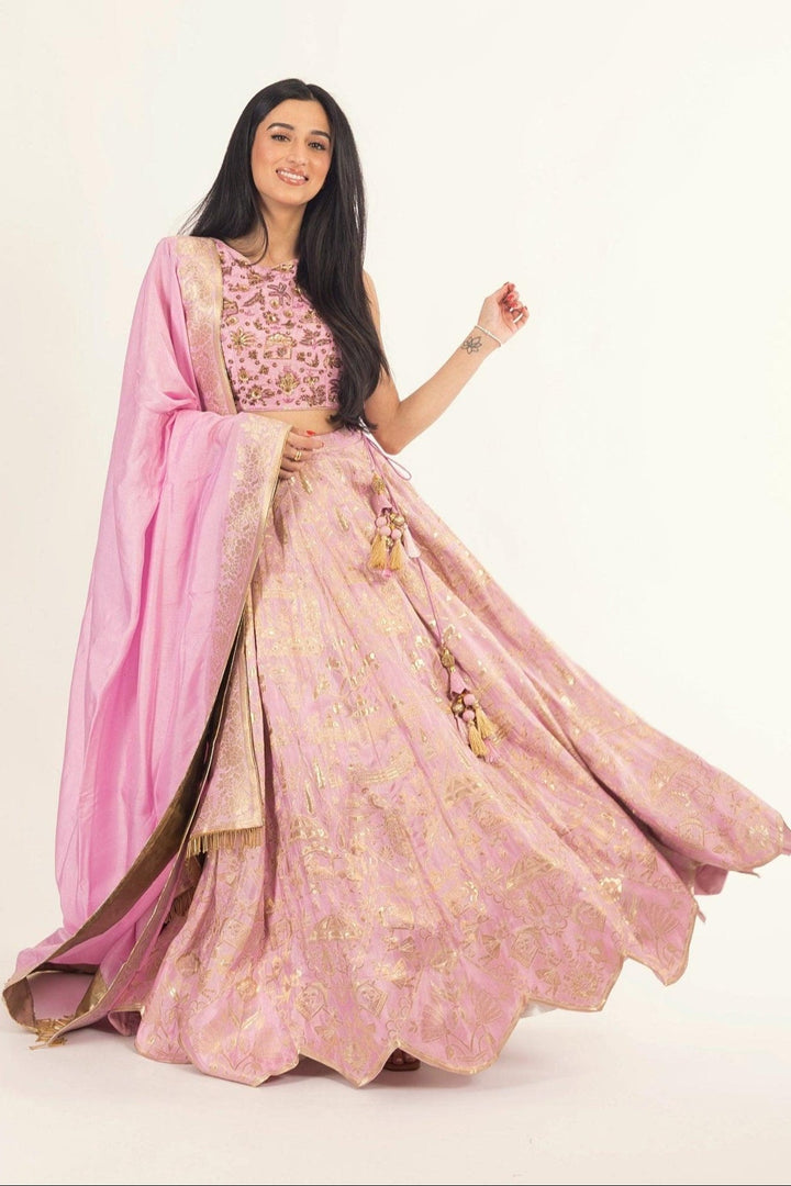Pink Banarasi Silk Lehenga Choli Set-Raas USA