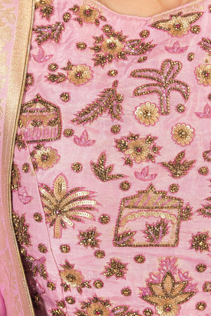 Pink Banarasi Silk Lehenga Choli Set-Raas USA