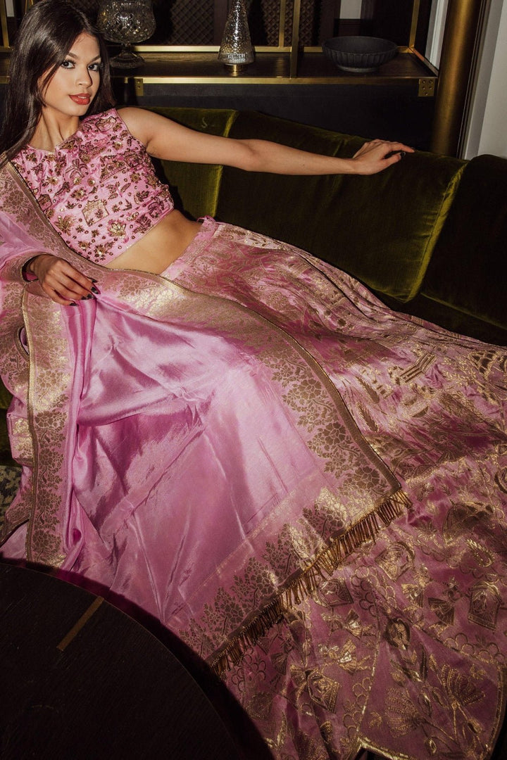 Pink Banarasi Silk Lehenga Choli Set-Raas USA