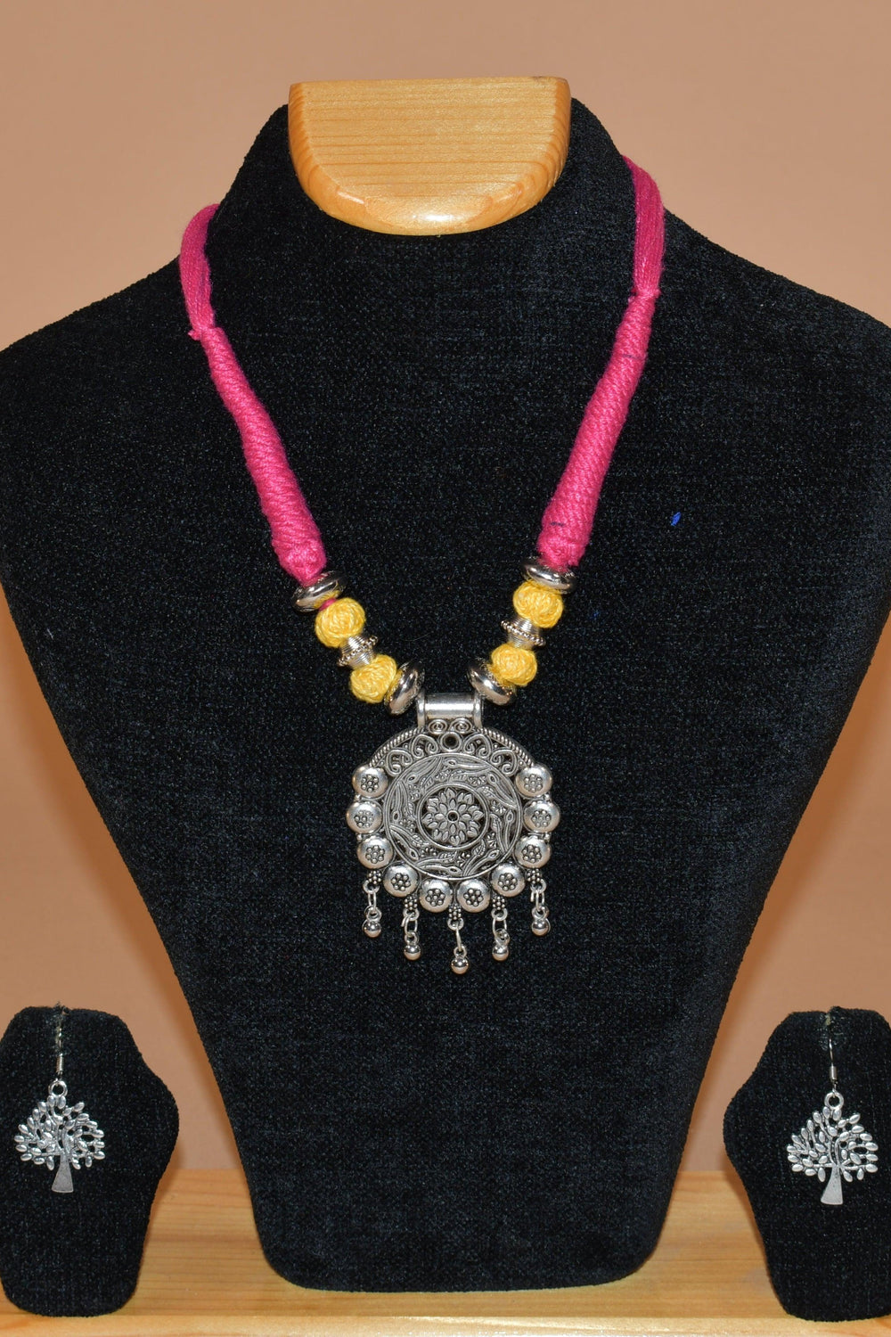 Pink Circular Necklace with Tree Inspired Earrings FASHION JEWELRY RAAS