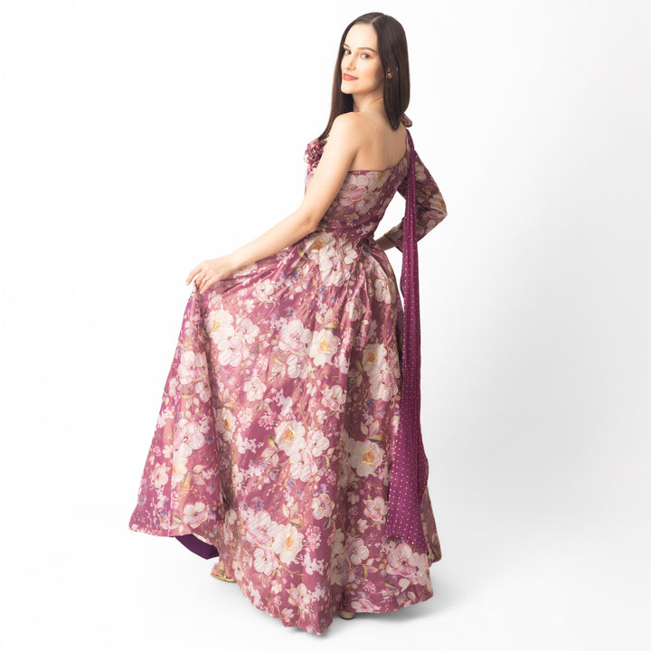 Pink Floral Organza One Shoulder Gown-Raas USA