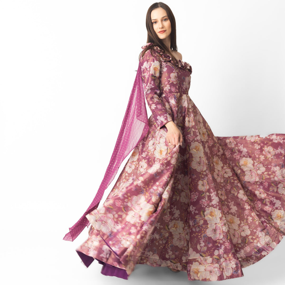 Pink Floral Organza One Shoulder Gown-Raas USA