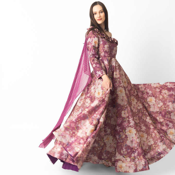 Pink Floral Organza One Shoulder Gown-Raas USA