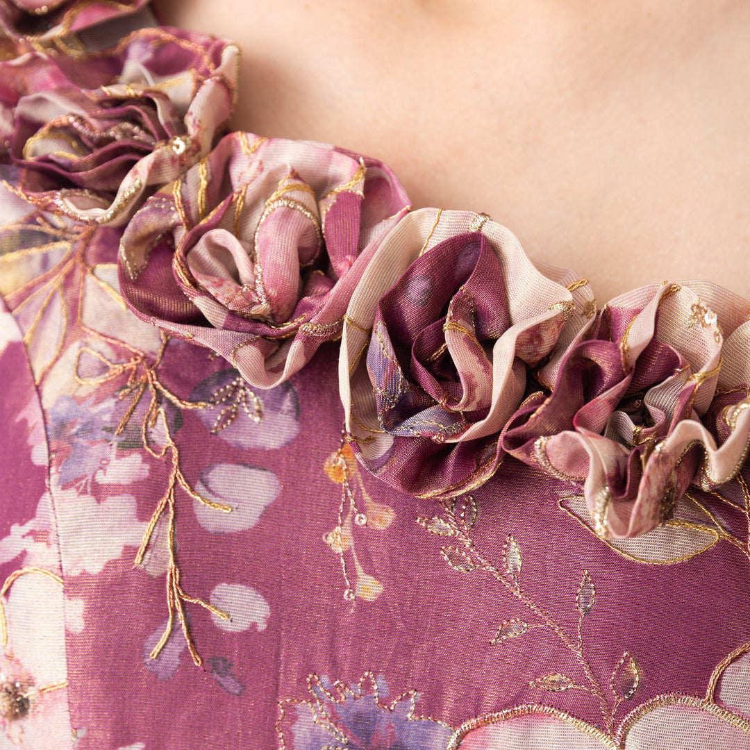 Pink Floral Organza One Shoulder Gown-Raas USA