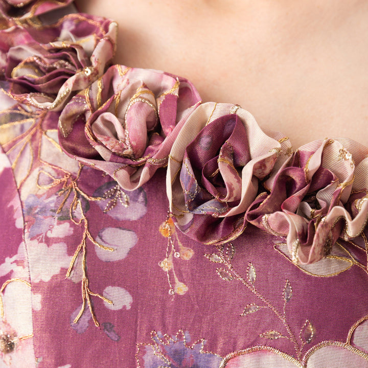 Pink Floral Organza One Shoulder Gown-Raas USA