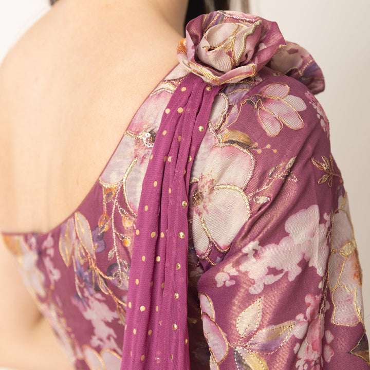 Pink Floral Organza One Shoulder Gown-Raas USA