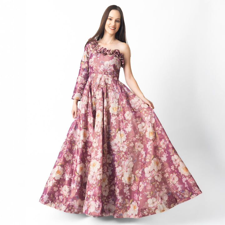 Pink Floral Organza One Shoulder Gown-Raas USA