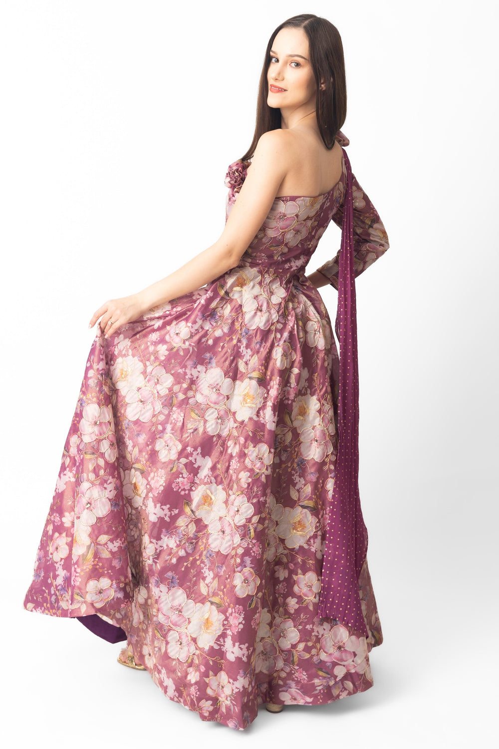 Pink Floral Organza One Shoulder Gown: Elegant Indian Dress