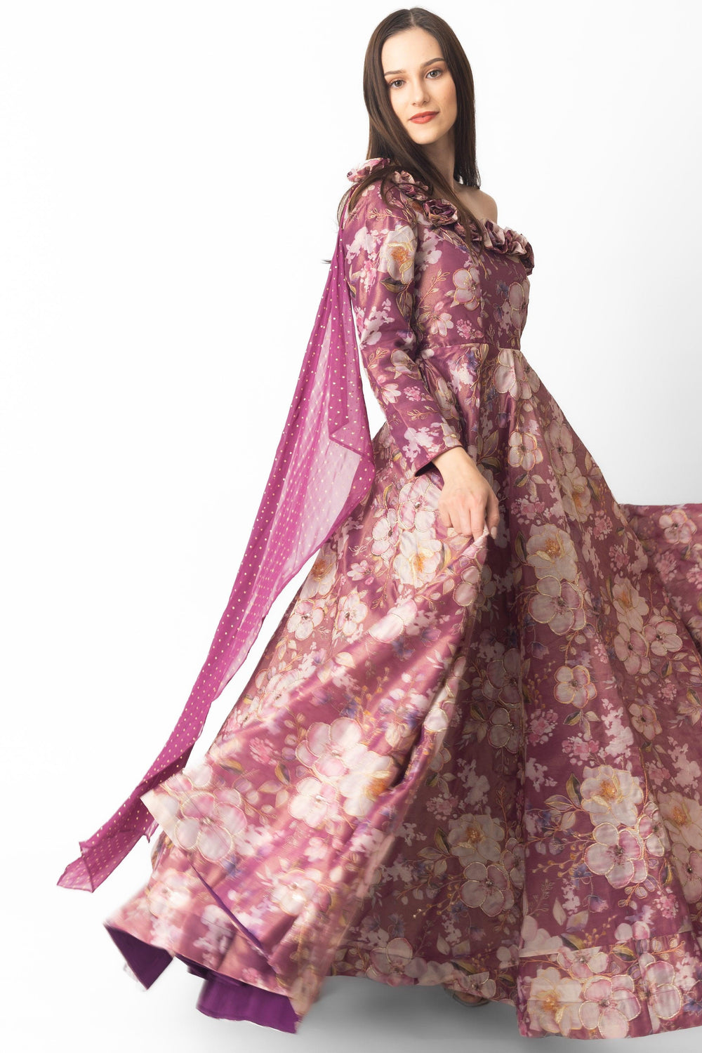 Wine floral organza one-shoulder gown with 3D flowers and flowing skirt.