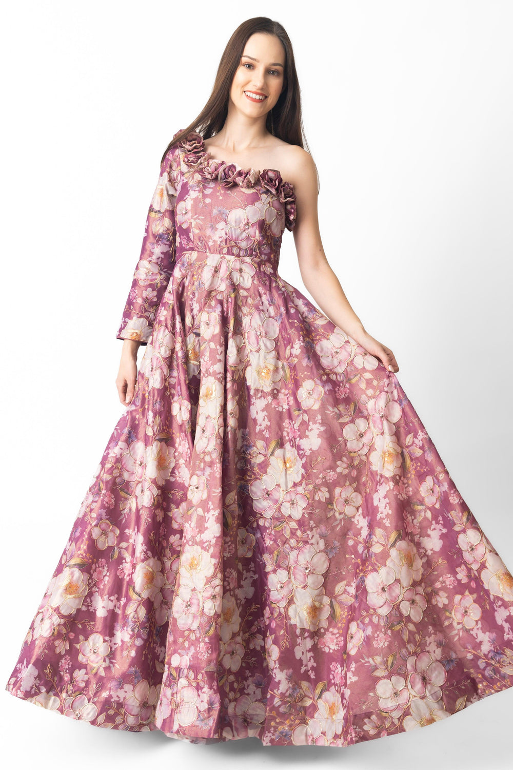 Pink floral organza one-shoulder gown with 3D flowers along the neckline.