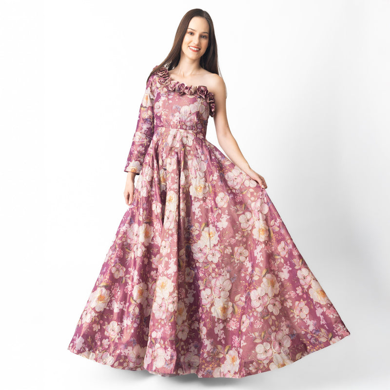 organza dresses for women Pink Floral Organza One Shoulder Gown: Elegant Indian Dress