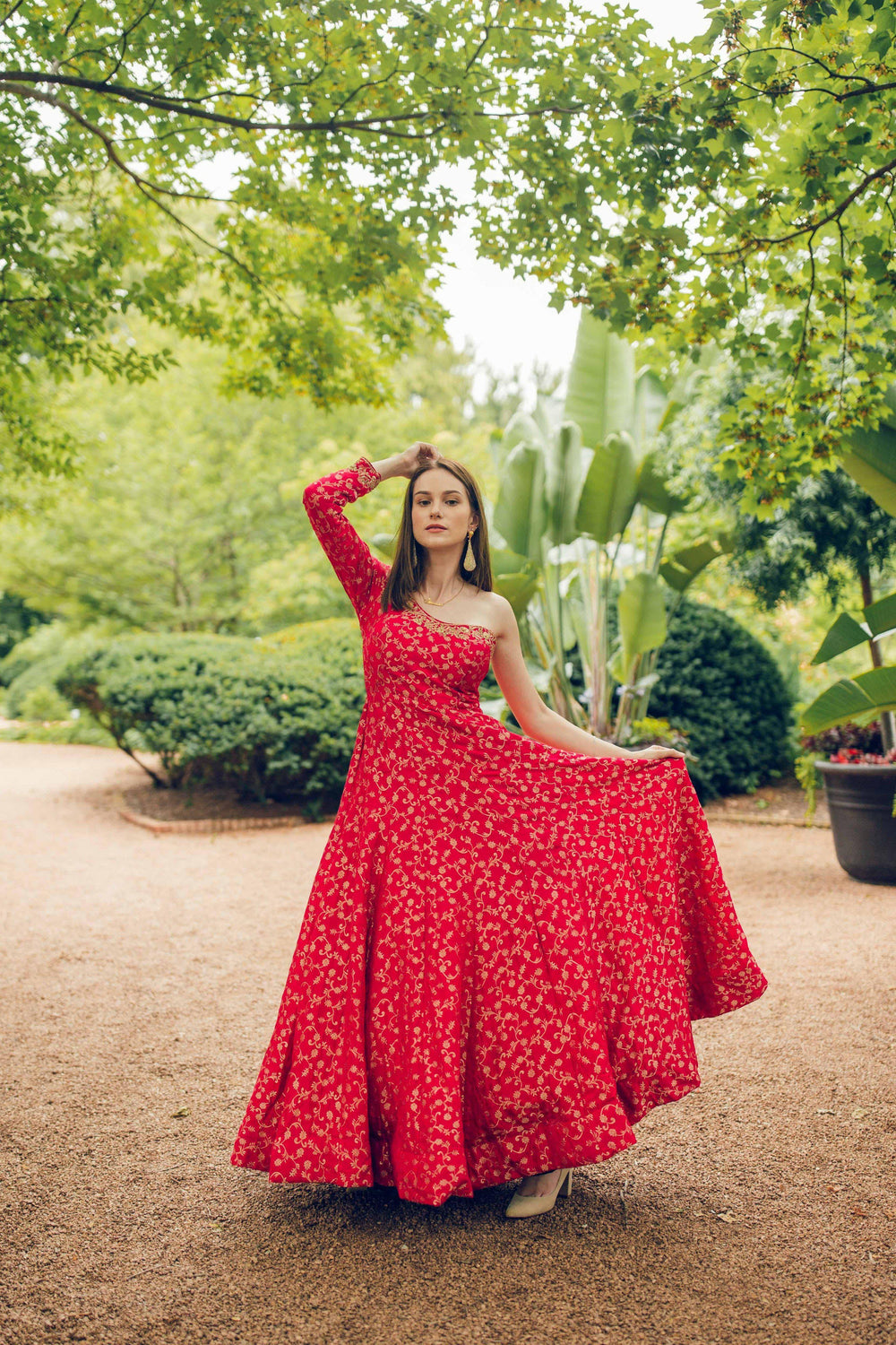 Akari Pink One-Shoulder Gown in silk brocade with intricate patterns and hand-embroidered neckline.