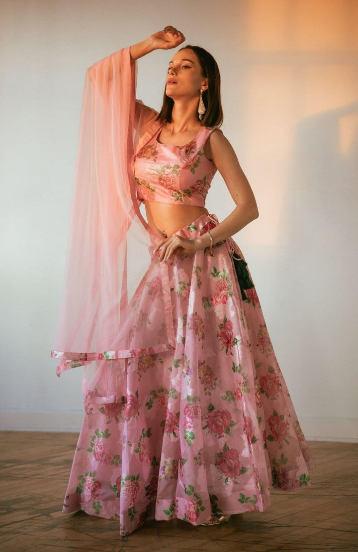 Pink Organza Silk Lehenga Choli-[mehendi outfit]-Raas