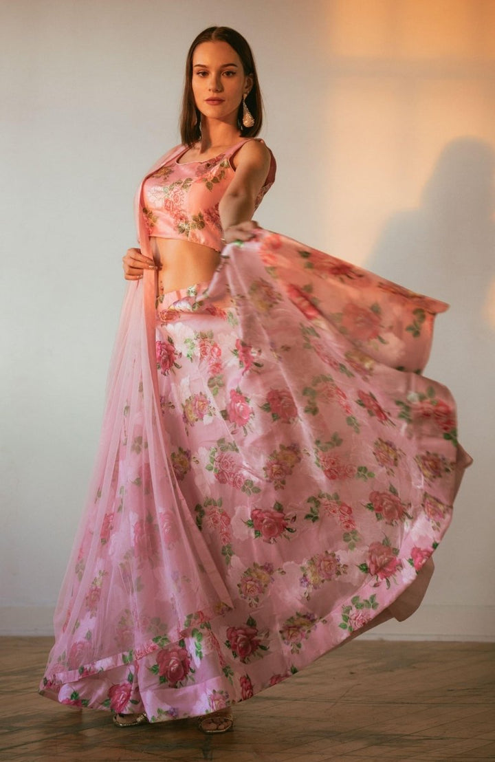 Pink Organza Silk Lehenga Choli-[mehendi outfit]-Raas