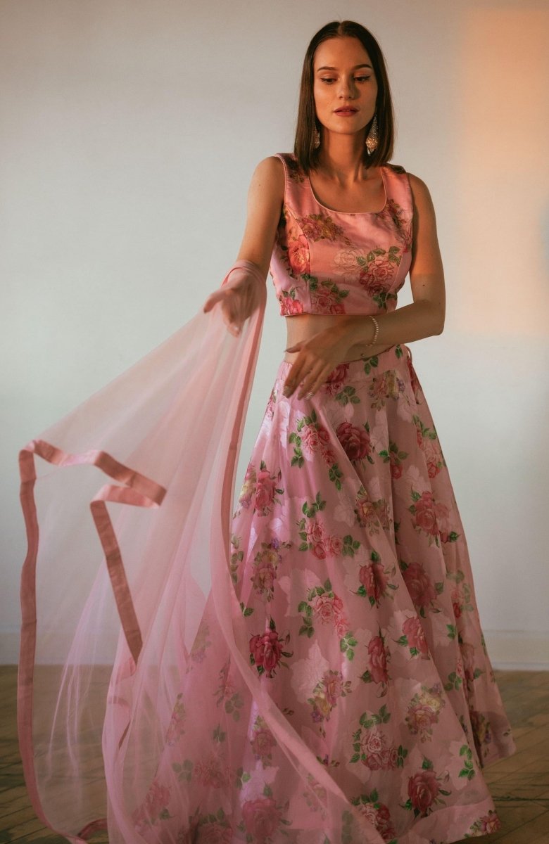 Pink Organza Silk Lehenga Choli-[mehendi outfit]-Raas