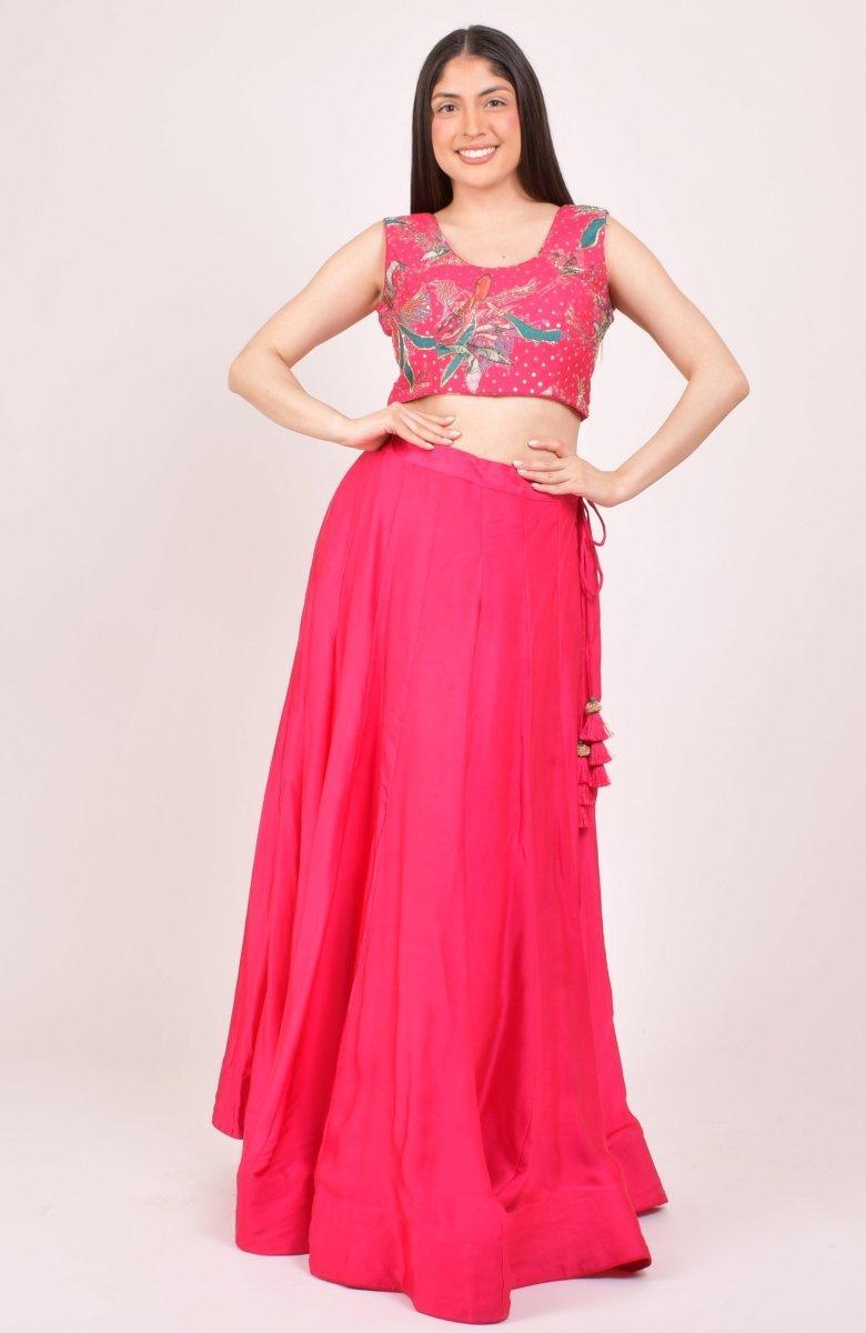 RAAS Pink Floral Chaniya Choli Side View with Mukaish Dupatta - Sangeet Lehenga Choli USA