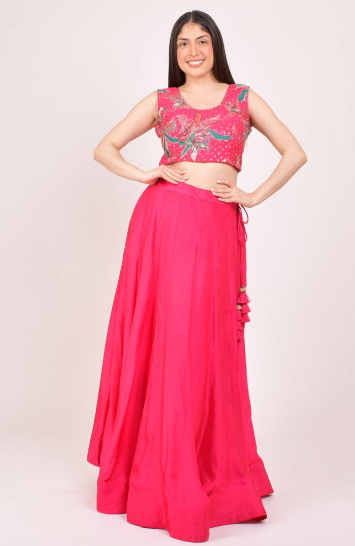 Pink Sequin & Kasab Embroidered Floral Chaniya Choli With Mukaish Dupatta RAAS