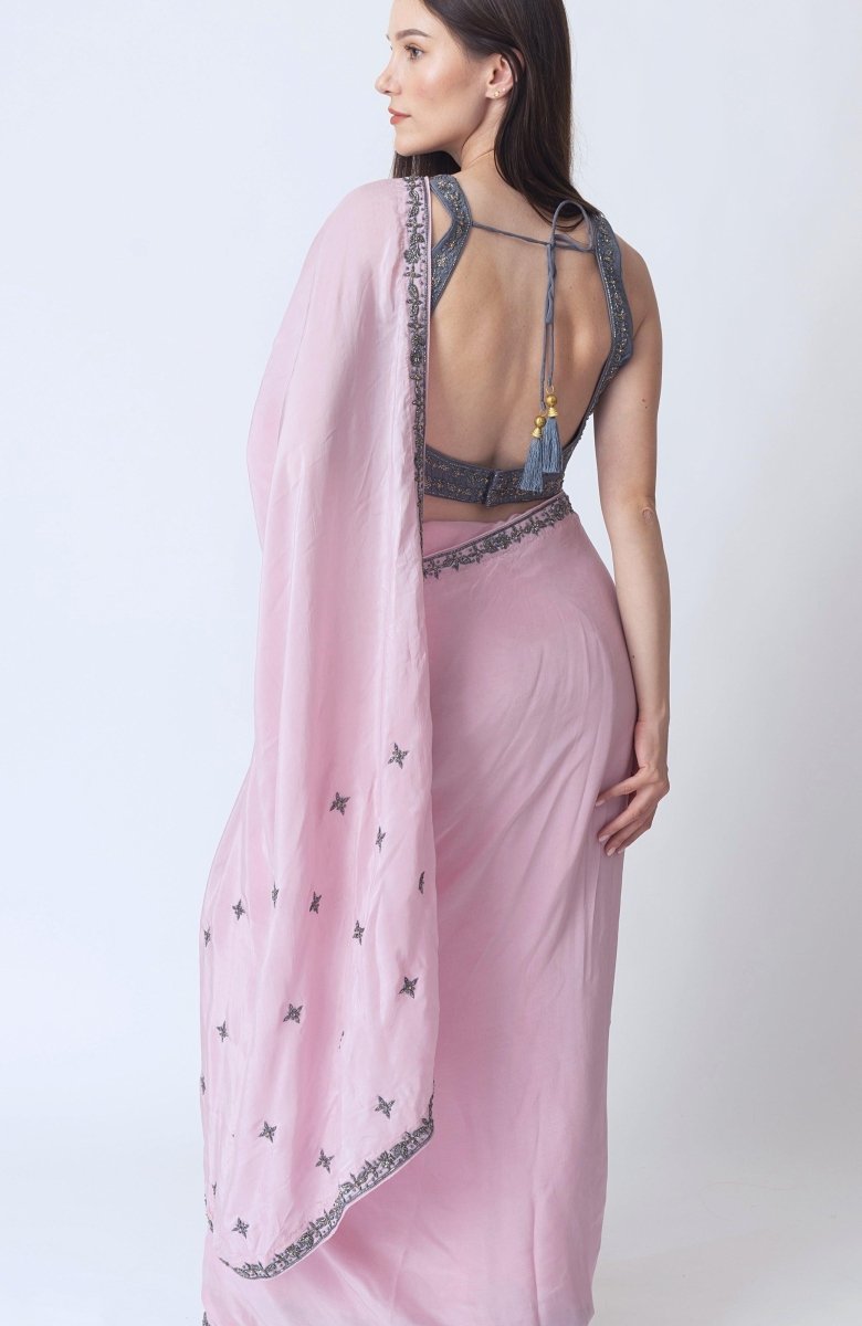 Pink Soft Silk Saree With Hand Embroidered Blouse-[pre_stitched_saree]-Raas